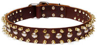 3 Rows Leather Dog Collar with Nickel Studs and Brass Spikes