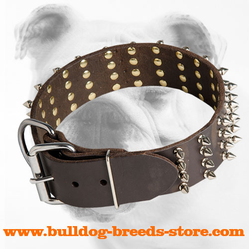 Adjustable Spiked Leather Bulldog Collar with Buckle