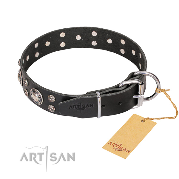 Natural leather dog collar with worked out exterior