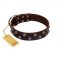 "Blossom Jewel" FDT Artisan Brown Leather Bulldog Collar with Two Rows of Silver-like Studs with Engraved Flowers