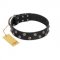 "Power-Flower" FDT Artisan Black Leather Bulldog Collar with Two Rows of Silver-like Studs with Engraved Flowers
