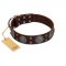 "Hypnotic Stones" FDT Artisan Brown Leather Bulldog Collar with Chrome Plated Brooches and Square Studs