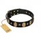 "Gilded Stones" FDT Artisan Black Leather Bulldog Collar with Old Bronze-like Ovals and Studs - 1 1/2 inch (40 mm) wide