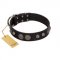 "Tricky Ricky" FDT Artisan Black Leather Bulldog Collar Adorned with Silver-Like Conchos