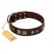 "Object of Virtu" FDT Artisan Brown Leather Bulldog Collar with Old Silver-like Square Studs and Pyramids