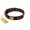 "Bow-Wow Effect" FDT Artisan Brown Leather Bulldog Collar with Plates and Ornate Studs