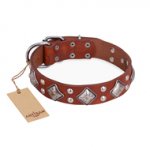 "Magic Squares" FDT Artisan Tan Leather Bulldog Collar with Silver-like Decor