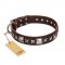 'Perfect Impression' FDT Artisan Bulldog Brown Leather Dog Collar with Silvery Square Studs - 1 1/2 inch (40 mm) Wide