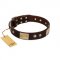"Middle Age" FDT Artisan Brown Leather Bulldog Collar with Old Bronze-Plated Engraved Flowers and Large Plates