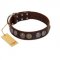 "Treasure Hunter" FDT Artisan Brown Leather Bulldog Collar with Old-Bronze-like and Silvery Medallions