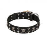 FDT Artisan 'Rock 'n' Roll Style' Leather Bulldog Collar with Skulls, Bones and Studs 1 1/2 inch (40 mm) wide