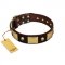 "Heavy Metal" FDT Artisan Brown Leather Bulldog Collar with Old Bronze-like Skulls and Plates
