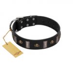 "Pirates' Symbol" Fashionable FDT Artisan Black Leather Bulldog Collar with Silver-Like Plates and Gold-Like Skulls