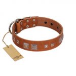 "Egyptian Gifts" Handmade FDT Artisan Tan Leather Bulldog Collar with Chrome-plated Pyramids
