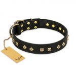 "Rhomb Style" FDT Artisan Decorated Leather Bulldog Collar with Old Bronze-Plated Studs 1 1/2 inch (40 mm) Wide