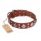 "Magic Squares" FDT Artisan Tan Leather Bulldog Collar with Silver-like Decor