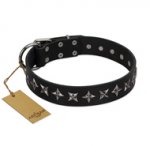 "Lights-out" FDT Artisan Black Leather Bulldog Collar with Silver-like Set of Stars