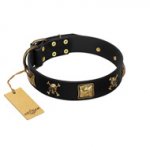 "Welcome on Board" FDT Artisan Black Leather Bulldog Collar with Skulls and Crossbones Combined with Squares