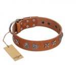 "Brave Spirit" Handmade FDT Artisan Designer Tan Leather Bulldog Collar with Shields