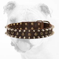 3 Rows Spiked and Studded Leather Bulldog Collar