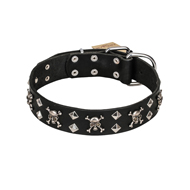 FDT Artisan 'Rock 'n' Roll Style' Leather Bulldog Collar with Skulls, Bones and Studs 1 1/2 inch (40 mm) wide