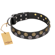"Romantic Breeze" FDT Artisan Black Leather Bulldog Collar with Riveted Circles