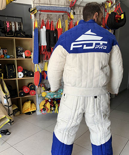 bulldog bite suit protection clothing white and blue
