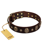 "Breaking the Horizon" FDT Artisan Brown Leather Bulldog Collar with Engraved Studs and Medallions