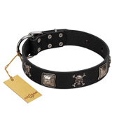 "Sea Rover" Embellished FDT Artisan Black Leather Bulldog Collar with Chrome Plated Crossbones and Plates