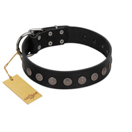 "Silent Star" Handmade FDT Artisan Designer Black Leather Bulldog Collar with Engraved Plates