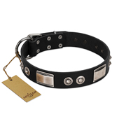 "Grand Wear" FDT Artisan Black Leather Bulldog Collar with Shining Plates and Spiked Studs