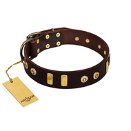 "Lord of Dogs" FDT Artisan Brown Leather Bulldog Collar with Old Bronze-like Dotted Studs and Tiles