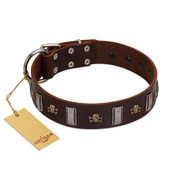 "War Chief" FDT Artisan Genuine Brown Leather Bulldog Collar with Skulls and Plates