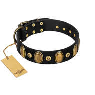 "Venerable Pawty" FDT Artisan Black Leather Bulldog Collar with Old Bronze-like Ovals and Studs