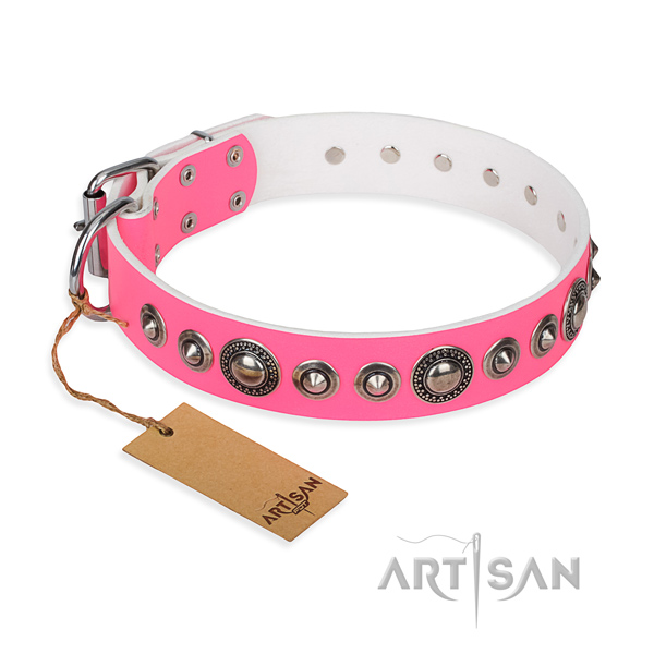 Natural genuine leather dog collar made of reliable material with rust resistant buckle