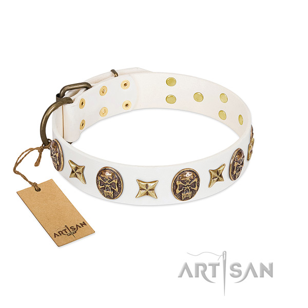Adorned natural genuine leather dog collar for fancy walking