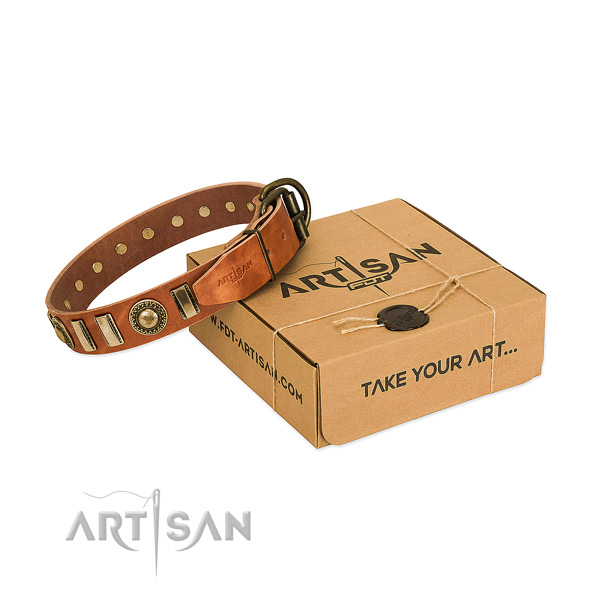 Durable natural leather dog collar with corrosion proof D-ring