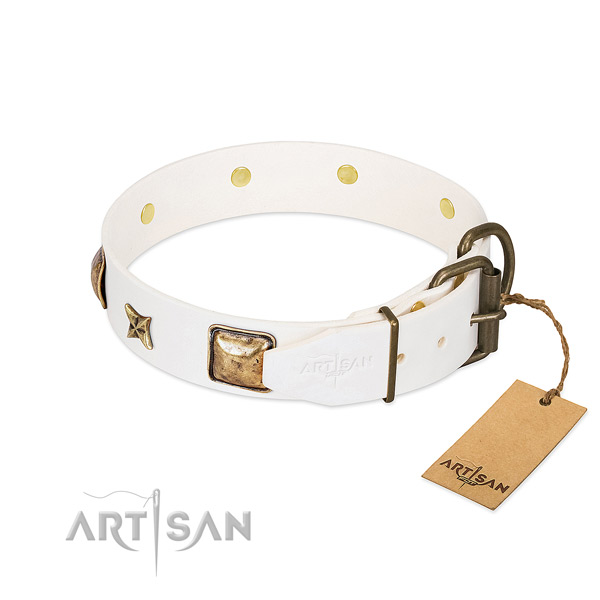 Full grain leather dog collar with strong traditional buckle and adornments