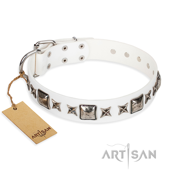 Full grain natural leather dog collar made of top rate material with durable fittings