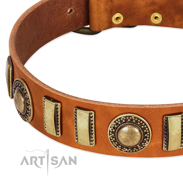 Gentle to touch genuine leather dog collar with rust resistant D-ring