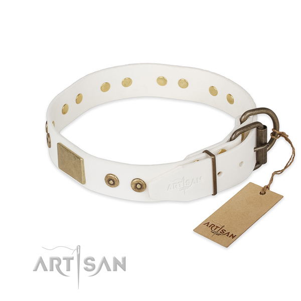 Full grain genuine leather dog collar with rust-proof traditional buckle and adornments