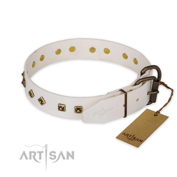 Corrosion resistant hardware on genuine leather collar for walking your doggie