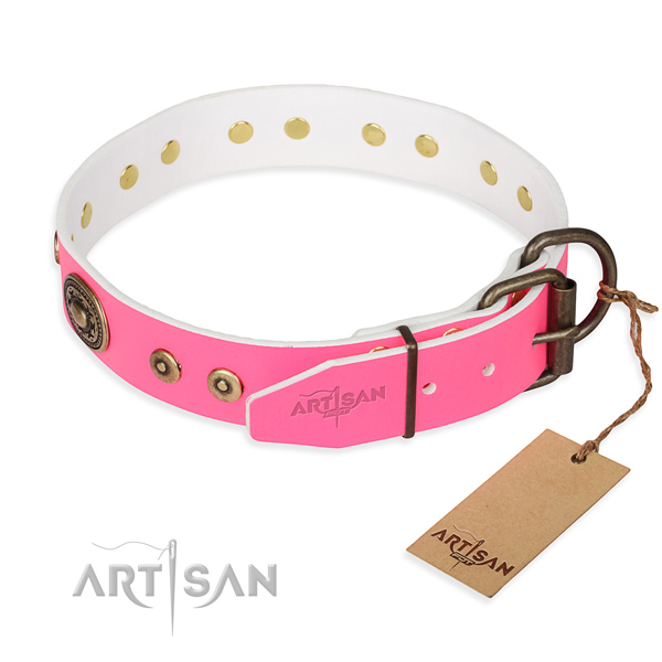 Genuine leather dog collar made of reliable material with corrosion proof embellishments