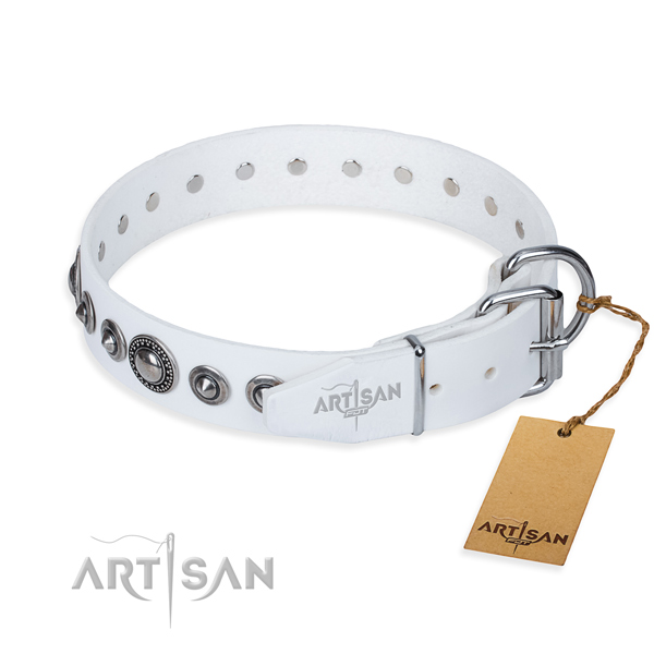 Full grain natural leather dog collar made of gentle to touch material with corrosion proof decorations