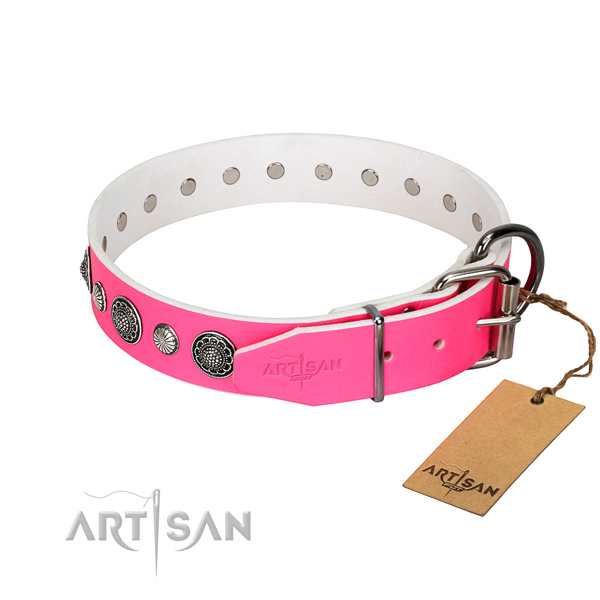 Strong natural leather dog collar with corrosion resistant D-ring