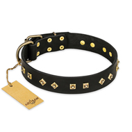 "Rhomb Style" FDT Artisan Decorated Leather Bulldog Collar with Old Bronze-Plated Studs 1 1/2 inch (40 mm) Wide