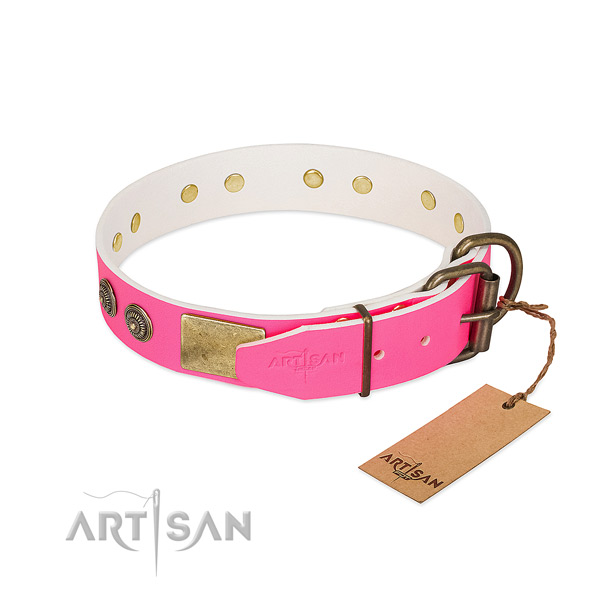 Corrosion resistant D-ring on natural genuine leather collar for fancy walking your canine