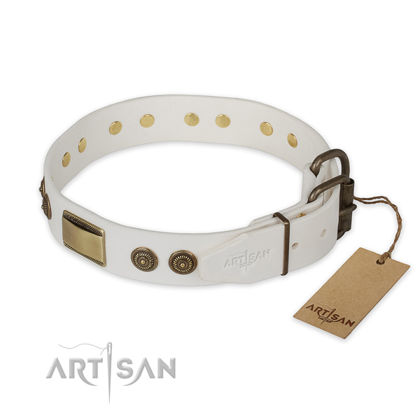 Rust-proof D-ring on full grain natural leather collar for everyday walking your pet