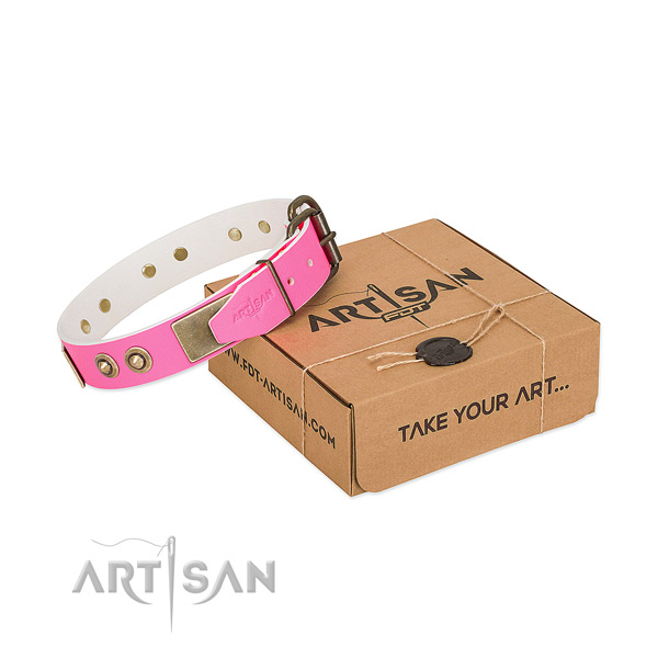 Corrosion resistant D-ring on full grain genuine leather dog collar for your four-legged friend