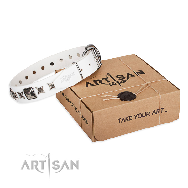 Comfortable wearing full grain genuine leather dog collar with embellishments